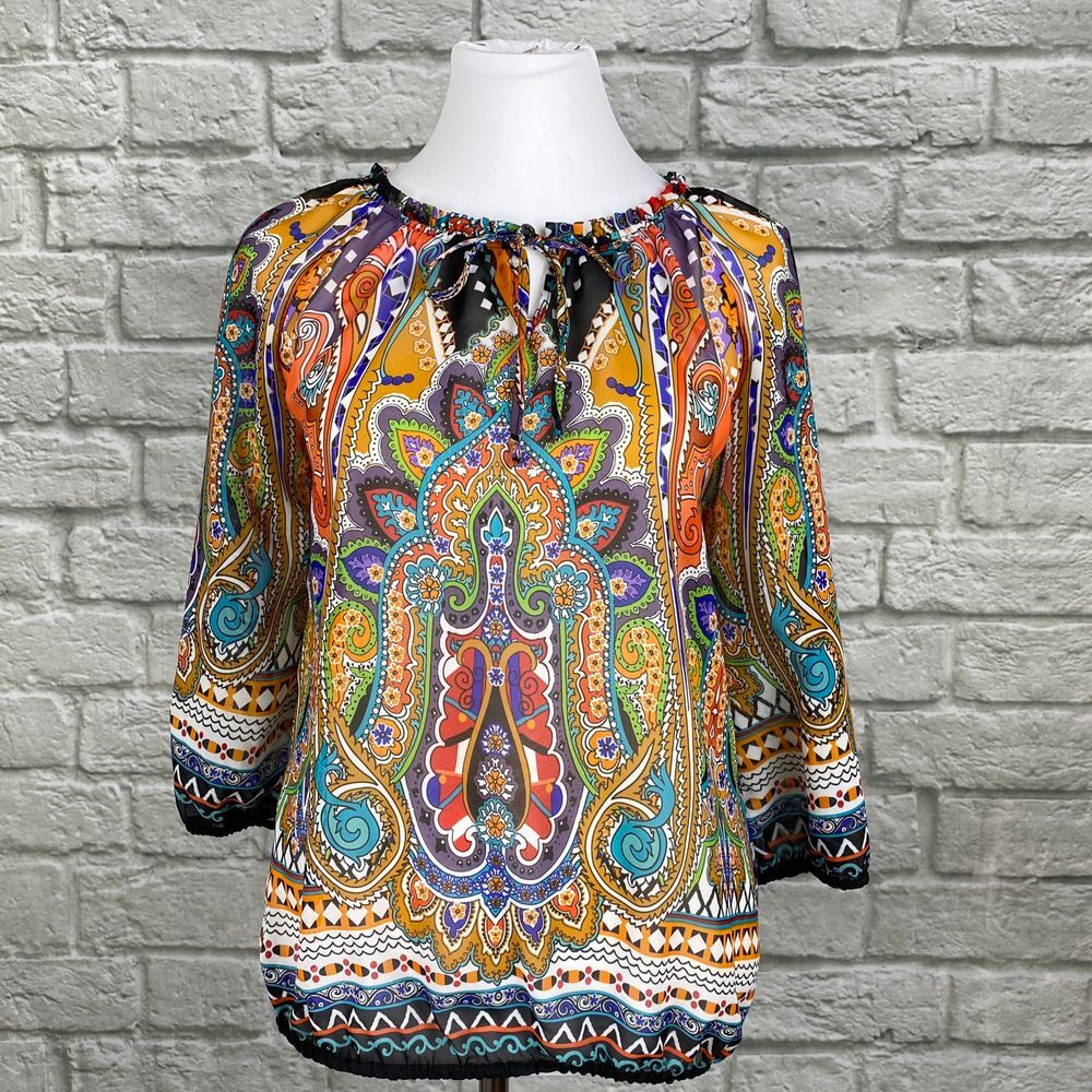 Chico's Multi-Color Sheer Paisley Tie Neck Blouse